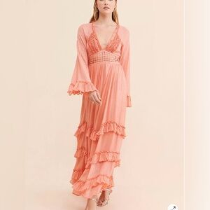 Free People Festival Maxi Dress Peach Sparkle Pink Ruffle Boho Gown NWT $350 S